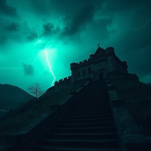 Create a dark, atmospheric scene of an ancient castle on a hill during a storm with ominous green lightning illuminating the sky, captured with a DSLR camera at ISO 100, f/8 aperture, 30-second exposure, and a wide-angle lens from a low angle to emphasize the stairs leading up to the castle.