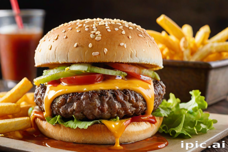 High-resolution, close-up image of a gourmet double cheeseburger. The burger features a glossy, sesame-seed-topped brioche bun. Inside, there are two thick, juicy beef patties, each topped with melted cheddar cheese. The burger is garnished with fresh lettuce, tomato slices, diced onions, and pickles. A generous amount of ketchup and a creamy, orange-colored sauce is dripping down the sides, adding to the mouth-watering appeal. In the background, there are blurred elements including a side of golden French fries and a hint of a beverage, enhancing the overall presentation of a delicious meal.