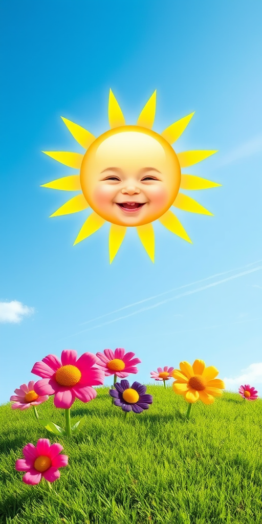 Create an image shows a bright, sun with a smiling baby's face in the center, radiating soft yellow rays. The sun is set against a clear blue sky with a few wispy clouds. Below, there's a lush green grassy hill with colorful, oversized flowers, giving the scene a whimsical, playful atmosphere.