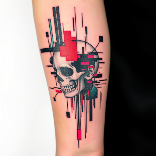 Avant-garde glitch tattoo incorporating digital distortion effects and pixelated elements, merging traditional and contemporary aesthetics, unique and cutting-edge artistic concept