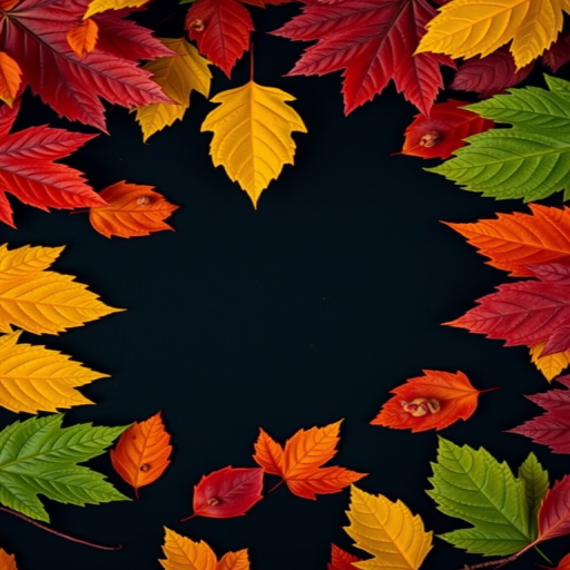 Create an image of various leaves in vibrant colors like red, orange, yellow, and green scattered against a black background, using a Canon EOS R5 camera, aperture f/5.6, shutter speed 1/125s, ISO 100, from a top-down view with a macro lens to enhance detail and clarity.