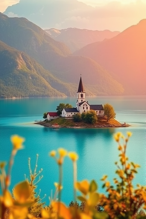 Capture a scenic landscape of a quaint island church on a vibrant blue lake surrounded by lush green mountains, using a DSLR camera with a 50mm lens, aperture set to f/8, ISO 100, shooting at sunrise for soft lighting, with a focal length of 50mm and a slight foreground blur for depth.