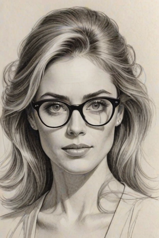 Enchanting Christina Moore, pencil sketch, portrait of Bewitching woman 1979s in glasses, hair style beatnik, outline, clear lines, fine lines, 8k