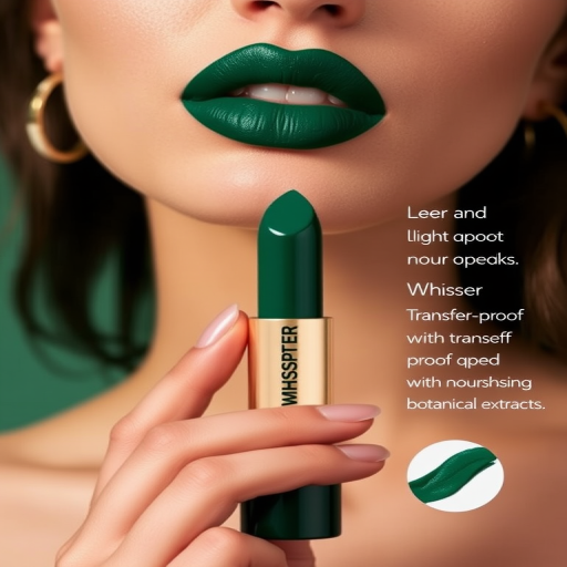 Deep emerald green "Forest Whisper" liquid lipstick with a satin finish, boasting transfer-proof qualities and enriched with nourishing botanical extracts