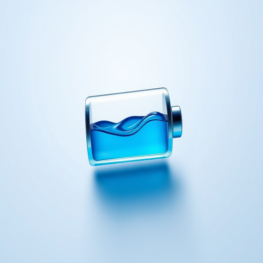 Create a high-resolution digital illustration of a battery icon filled with blue liquid, in a minimalistic style, using a 50mm lens, f/2.8 aperture, and 1/100s shutter speed for sharp details, with a soft-focus background to enhance the subject.