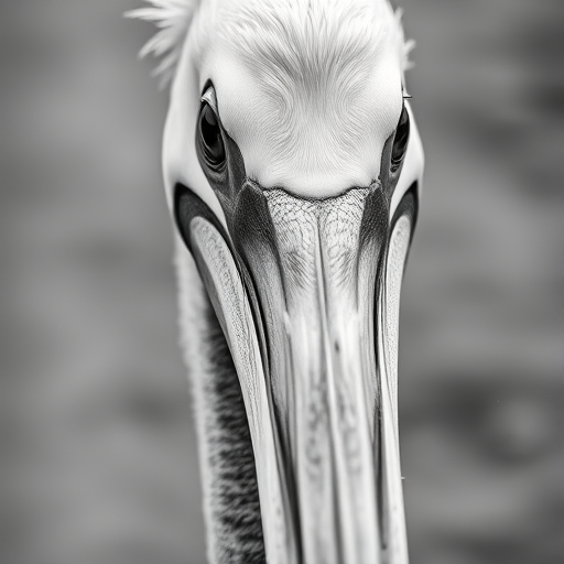 Close-up of a pelican in monochrome, shallow depth of field, f/2.8, 1/200s, ISO 100, 85mm lens, soft diffused lighting, macro photography style, full-frame DSLR.