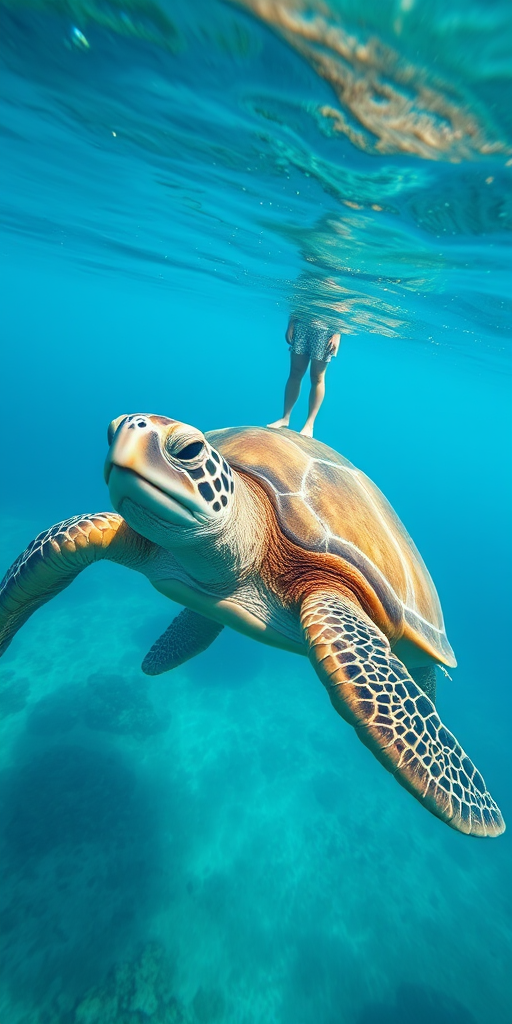 A large turtle swimming in clear blue waters with a person standing on its back, vibrant underwater details, shot with a DSLR camera at f/8, ISO 100, 24mm lens, wide-angle view, bright lighting for enhanced colors.