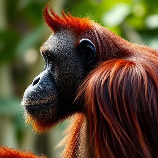 capture a close-up profile of an orangutan in natural habitat, soft focus background, DSLR camera, 50mm lens, aperture f/2.8, ISO 200, 1/250s, natural light, vibrant colors, high detail