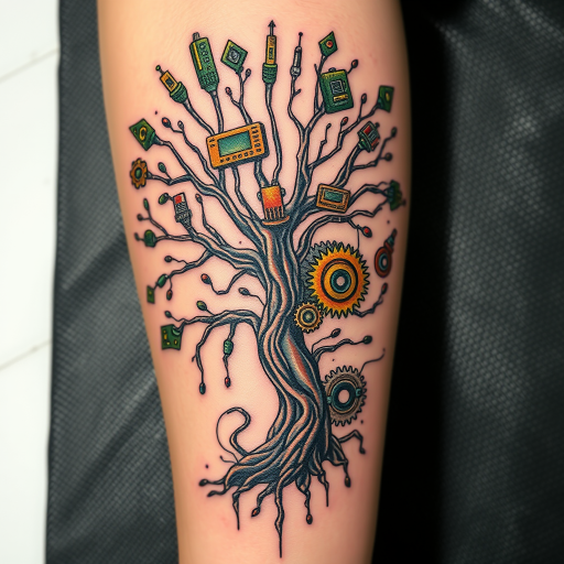 Surrealist tattoo titled "Dreamscape Fusion" merging elements of nature and technology, with a tree sprouting circuit boards and gears instead of leaves, rendered in a mix of realistic and abstract styles