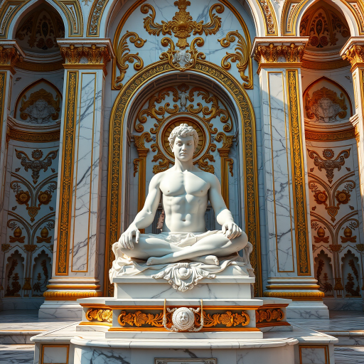 Create an image of a majestic statue with intricate golden and white marble details, featuring a muscular figure seated in a meditative pose, surrounded by ornate archways and floral motifs, captured with a Canon EOS R5 at f/2.8, 50mm lens, ISO 100, in soft natural light for enhanced texture and clarity.