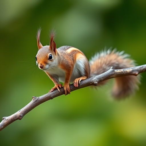 squirrel perched on a branch with a blurred green background, aperture f/2.8, ISO 200, shutter speed 1/500 sec, taken with a Canon EOS 7D Mark II, 100mm macro lens, natural light, shallow depth of field