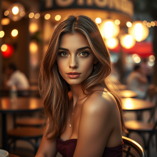 photo of young [woman:Ana de Armas:0.4], highlight hair, sitting outside restaurant, wearing dress, rim lighting, studio lighting, looking at the camera, dslr, ultra quality, sharp focus, tack sharp, dof, film grain, Fujifilm XT3, crystal clear, 8K UHD, highly detailed glossy eyes, high detailed skin, skin pores