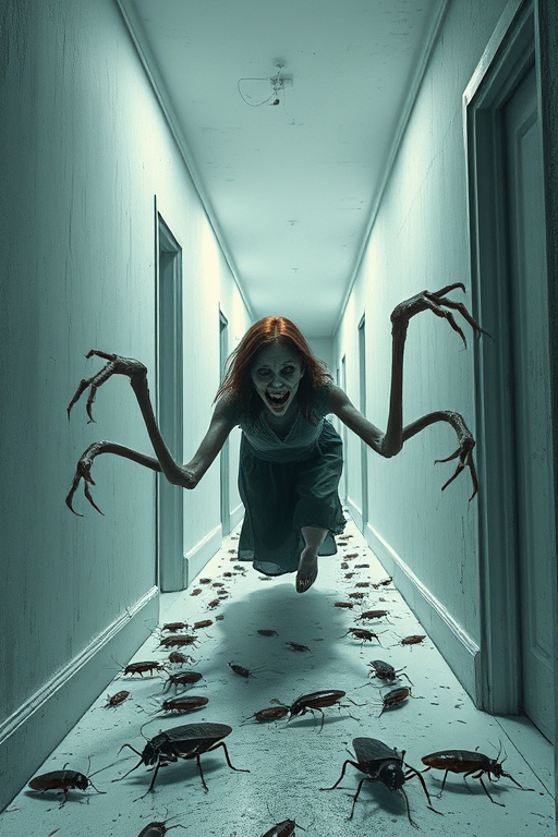 a crooked woman with long arms and a creepy smile is crawling along a long white corridor and you can also see cockroaches in it there is a creepy atmosphere creepy art style