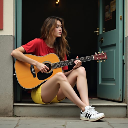 Ultra-realistic and very detailed image, high resolution and definition of a young woman, a rocker. She's sitting on the step of a doorway, with one leg stretched out, playing an acoustic guitar. The young woman is wearing a red T-shirt and yellow shorts. Adidas trainers. The door is glazed and mirrors the street.