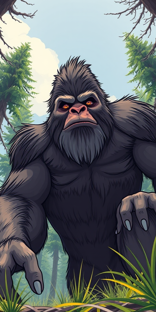 Create an illustrated image of a bigfoot creature with muscular features and expressive facial details, captured in a dramatic low-angle view using a DSLR camera at ISO 100, f/2.8 aperture, 50mm lens, natural lighting for a vivid appearance.