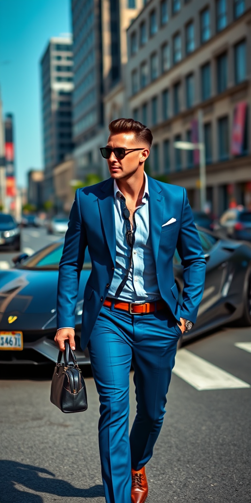regenerate a sharp and vibrant image of a stylish man in a blue suit walking confidently in a city street, with a sleek sports car in the background, captured with a 50mm lens, aperture f/1.8, ISO 100, in bright daylight, upper angle view, DSLR camera, high dynamic range.