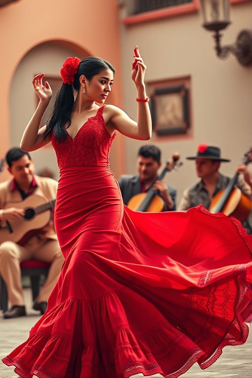 Create an image of a flamenco dancer in a vibrant red dress dancing passionately in front of a lively group of musicians playing traditional instruments in a warm, colorful setting, shot with a Canon EOS R5, 50mm lens, aperture f/1.8, ISO 100, and soft natural lighting to enhance the textures and colors.