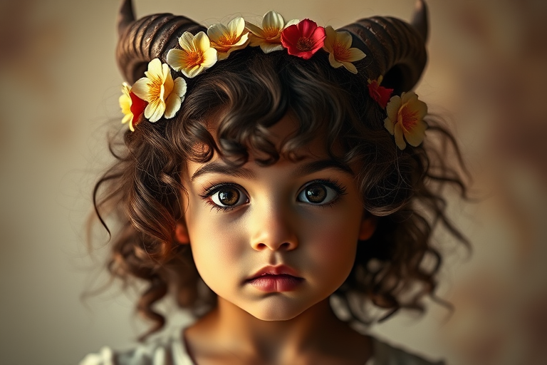 Generate a portrait of a girl with large expressive eyes and curly hair adorned with flowers and horns, soft backlighting for a dreamy effect, shallow depth of field, taken with a Canon EOS R5, 85mm lens, aperture f/1.2, ISO 100, and a warm color palette.