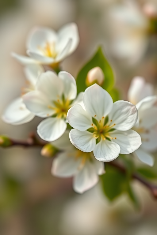 macro photograph of white apple blossoms with soft focus background, f/2.8 aperture, 1/200s shutter speed, ISO 100, taken with a DSLR camera using a 100mm macro lens, natural light, shallow depth of field