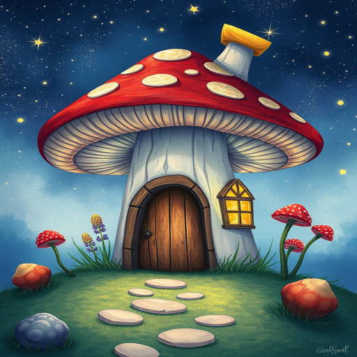 imagine illustration of a mushroom house with a door and a window, a storybook , fantasy art, mushroom house, bg starry sky, sparkles