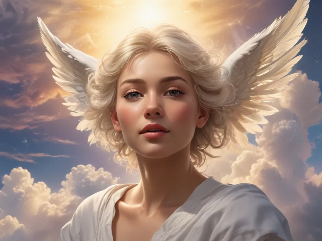 Radiant Angelic Being Surrounded by Ethereal Clouds and Heavenly Light