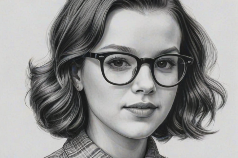 Delightful Millie Bobby Brown, pencil sketch, portrait of Dazzling woman 1953s in glasses, hair style beatnik, outline, clear lines, fine lines, 8k