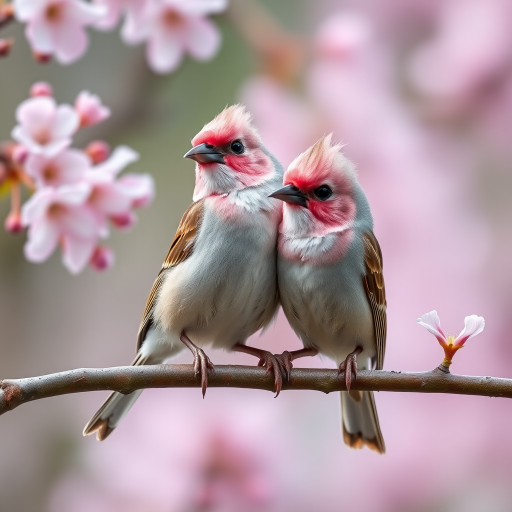 Two pink-crowned birds perched closely on a cherry blossom branch, with soft focus background of pink flowers, captured with a DSLR camera, 50mm lens, f/2.8 aperture, ISO 200, natural light.