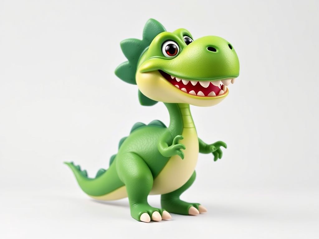 create a playful cartoon dinosaur character with bright green skin and a friendly expression, set against a simple white background, captured with a DSLR camera at f/2.8, 50mm lens, in a studio setting for enhanced detail and clarity.