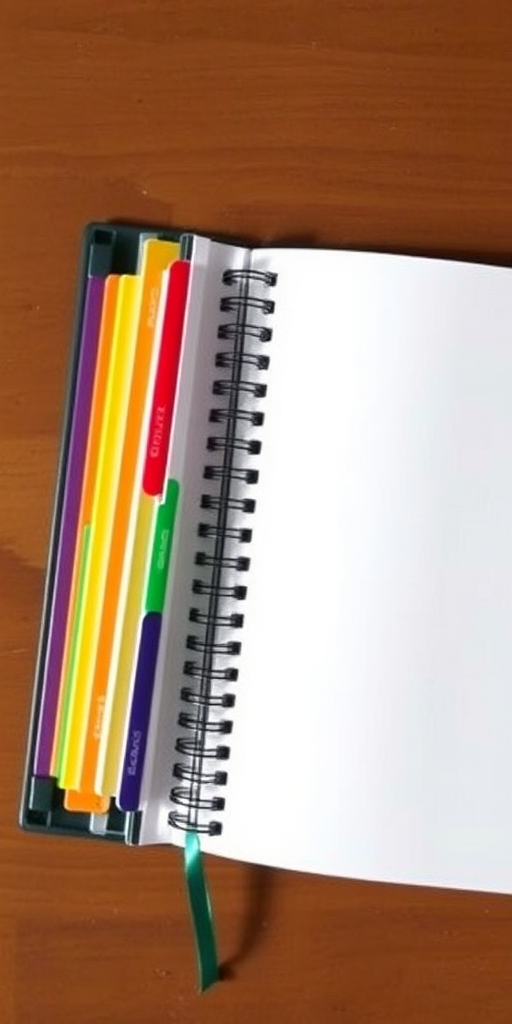 Create a high-resolution image of an open notebook with blank pages, showing colorful tab dividers on the left side, captured with a DSLR camera at f/2.8 aperture, 50mm lens, natural lighting, top-down view for clarity and detail.