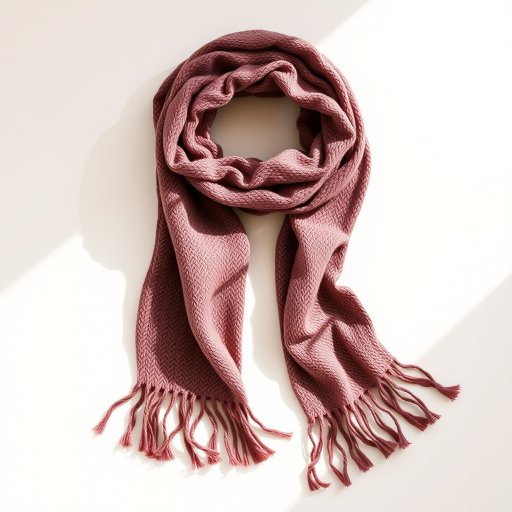 Create a realistic depiction of a woven scarf lying flat on a neutral background with soft natural lighting, using a DSLR camera, with a 50mm lens at f/2.8 for a shallow depth of field, ISO 100, shutter speed 1/125s, in landscape orientation.