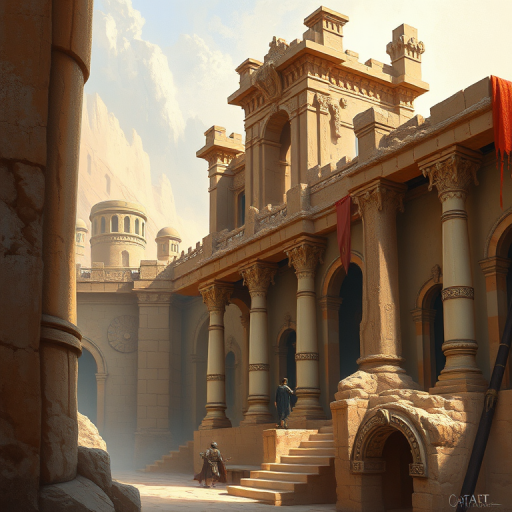 "This is a digital painting in a fantastical, surreal style. The scene depicts an ancient, crumbling temple or fortress with ornate, intricate stone structures. The architecture is a blend of ancient Greek and Middle Eastern styles, characterized by towering columns, arches, and intricate carvings. The stone walls are worn and weathered, with a mix of beige, ochre, and terracotta colors, giving a sense of age and history.