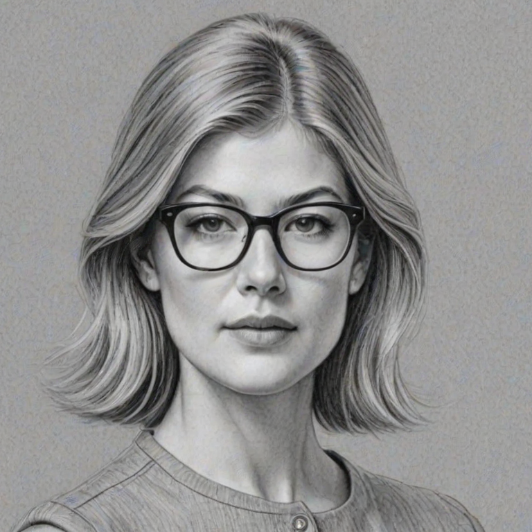 Fascinating Rosamund Pike, pencil sketch, portrait of Appealing woman 1964s in glasses, hair style beatnik, outline, clear lines, fine lines, 8k