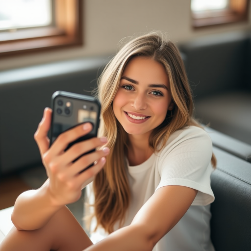 portrait of a woman sitting and taking a selfie with a smartphone, soft natural lighting, shallow depth of field, ISO 200, aperture f/2.8, 50mm lens, DSLR style