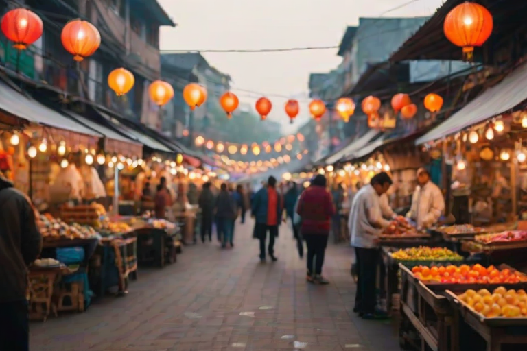 Blurry candid shot of a busy food market at dawn, with vendors setting up stalls, soft light from hanging lanterns casting warm glows, and colorful produce softly blurred in the background.