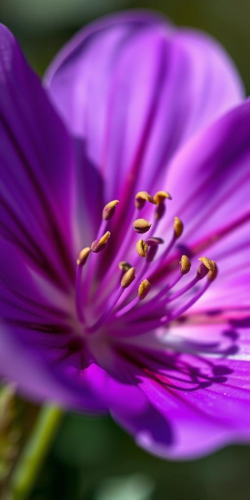 macro shot of a vibrant purple flower with detailed stamens, f/2.8 aperture, 1/200 sec shutter speed, ISO 100, 50mm lens, natural light, shallow depth of field, taken with a digital DSLR camera