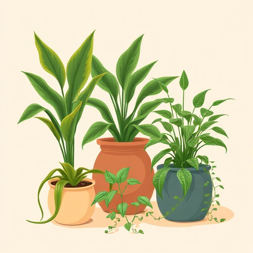 Create a vibrant illustration of potted plants including snake plants, ferns, and a trailing plant on a soft beige background, captured with a DSLR camera, 50mm lens, f/2.8 aperture, ISO 100, in natural lighting for enhanced colors and depth.