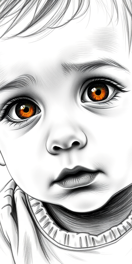 A hyperdetailed photorealistic black and white sketch of a beautiful toddler with deep orange eyes, with a macro focus