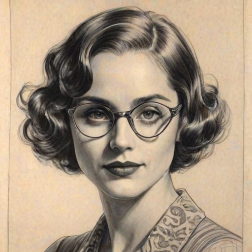 Ravishing Jordana Spiro, pencil sketch, portrait of Fascinating woman 1928s in glasses, hair style beatnik, outline, clear lines, fine lines, 8k