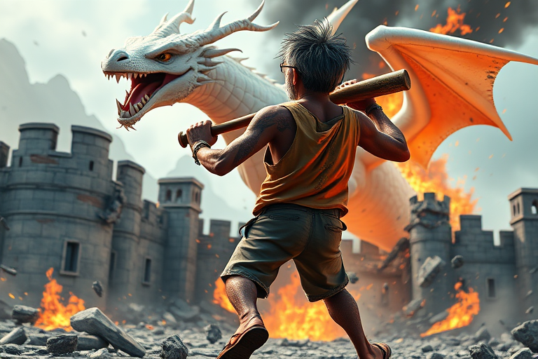 Cartoon 3D High-Resolution,dynamic battle scene using Unreal Engine 5 and Octane Render. The scene features back of an elderly, thai man with a beard,messy hair and round golden-rimmed glasses. He is wearing a tattered tank top with soot marks, shorts, and sandals. sweating. he wields a baseball bat. He jump to fight with a white fire-breathing Europe dragon amidst a partially destroyed stone castle. Include intense flames, smoke, and debris to enhance the dramatic effect.