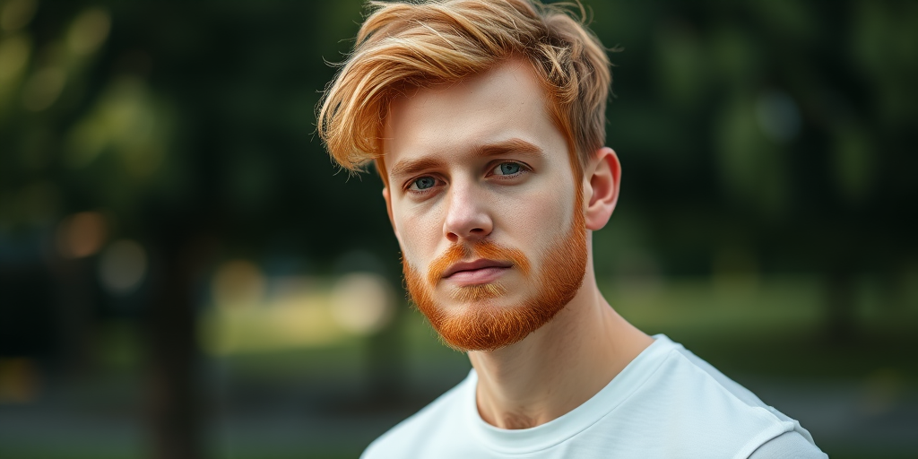 Capture a portrait of a young man with tousled orange hair and a beard, wearing a plain white t-shirt, using a Canon EOS R5 with a 50mm f/1.2 lens, aperture set to f/1.2, ISO 100, shot in natural light with a shallow depth of field, and a soft bokeh background.