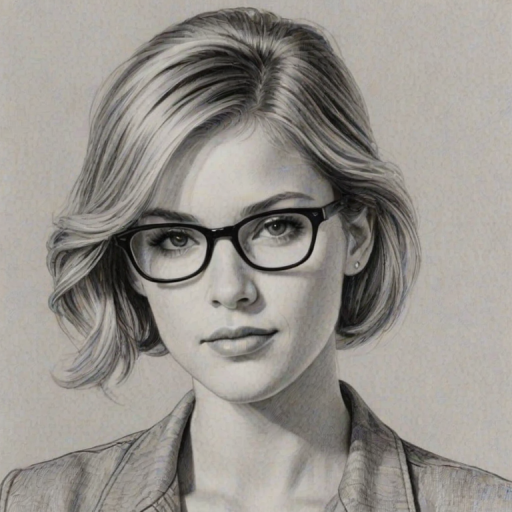 Resplendent Cody Horn, pencil sketch, portrait of Splendid woman 1961s in glasses, hair style beatnik, outline, clear lines, fine lines, 8k
