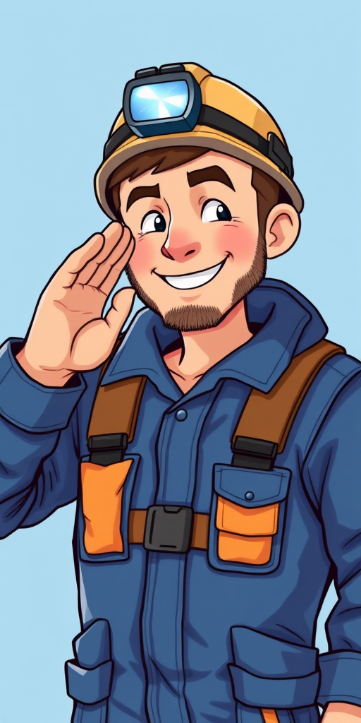 Create an illustration of a miner in a blue jumpsuit with a headlamp, smiling and saluting, using a digital art style, with high resolution and a clean background, captured with a 35mm lens at f/4 for sharpness and depth.