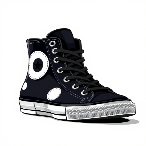 Generate a high-resolution illustration of a black high-top sneaker with white circular designs, using a DSLR camera with a 50mm lens at f/1.8 aperture, ISO 100, and a soft focus background to enhance the shoe's details.