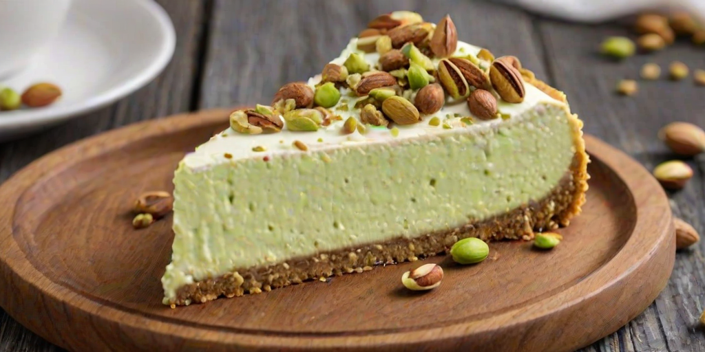 Generate an image of a slice of pistachio cheesecake on a wooden platter. The cheesecake should have a creamy, light green filling with a smooth texture, topped with whipped cream and sprinkled with chopped pistachios. The crust should appear golden and crumbly, and the background should be softly blurred to emphasize the dessert.