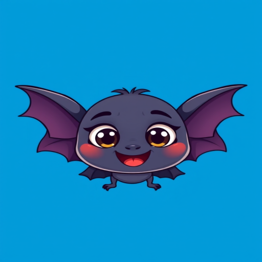 Create a cute cartoon bat character with large expressive eyes and a happy expression, centered against a vibrant blue background, using a digital art style, shot with a high-resolution camera at 24mm focal length, f/5.6 aperture, and ISO 100 to enhance clarity and color saturation.