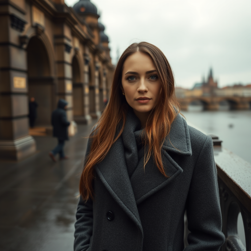 cinematic photo from above, waist up shot, sharp focus, a beautiful woman in foreground, in Prague, at the Charles Bridge, river in background, overcast rainy day, wearing long grey wool coat, warm rich color palette