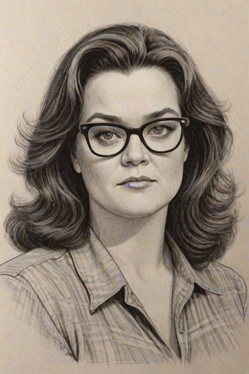 Enticing Rosie O'Donnell, pencil sketch, portrait of Appealing woman 1975s in glasses, hair style beatnik, outline, clear lines, fine lines, 8k