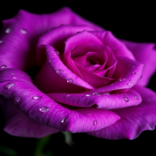 A close-up of a purple rose with water droplets on its petals, captured with a Canon EOS R5 at f/2.8, 1/125 sec, ISO 100, in soft focus on a black background for enhanced detail and contrast.