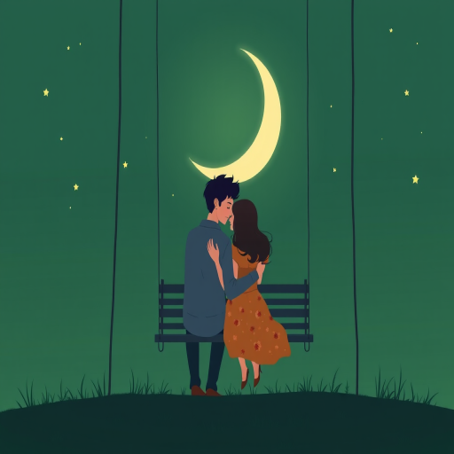 Create an illustration of a couple embracing on a swing beneath a large crescent moon, with a soft green background and scattered stars, using a DSLR camera with a 50mm lens at f/1.8, ISO 200, and a natural lighting setup for enhanced clarity and depth.