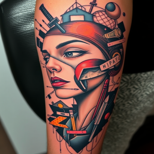 Avant-garde tattoo called "Fragmented Reality" blending abstract shapes, distorted portraits, and surreal elements in a collage-like composition, challenging traditional tattoo conventions with its experimental approach